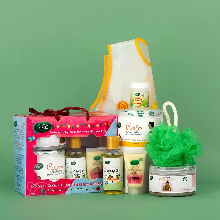 The Toke baby care gift set with Coco shea butter, calming oil and a sponge