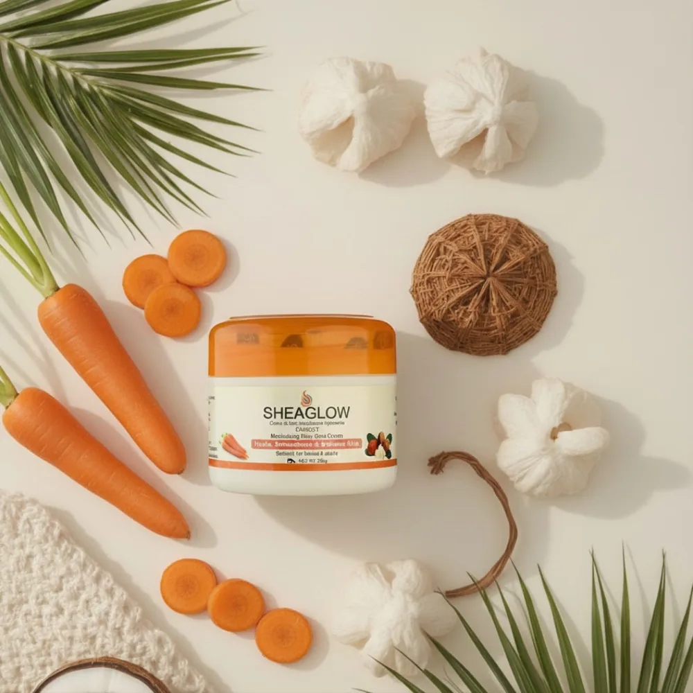 A jar of Toke Sheaglow body cream surrounded by carrots, shea nuts and palm leaves