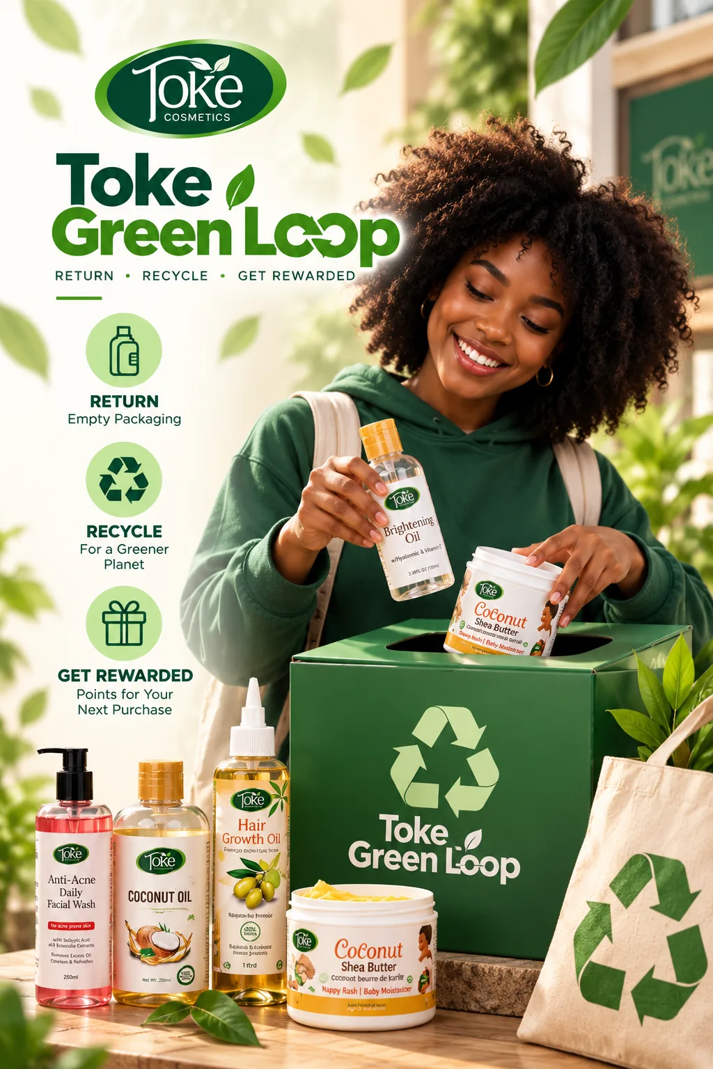 A smiling customer dropping an empty Toke Brightening Oil bottle and Coconut Shea Butter jar into a green Toke Green Loop collection box